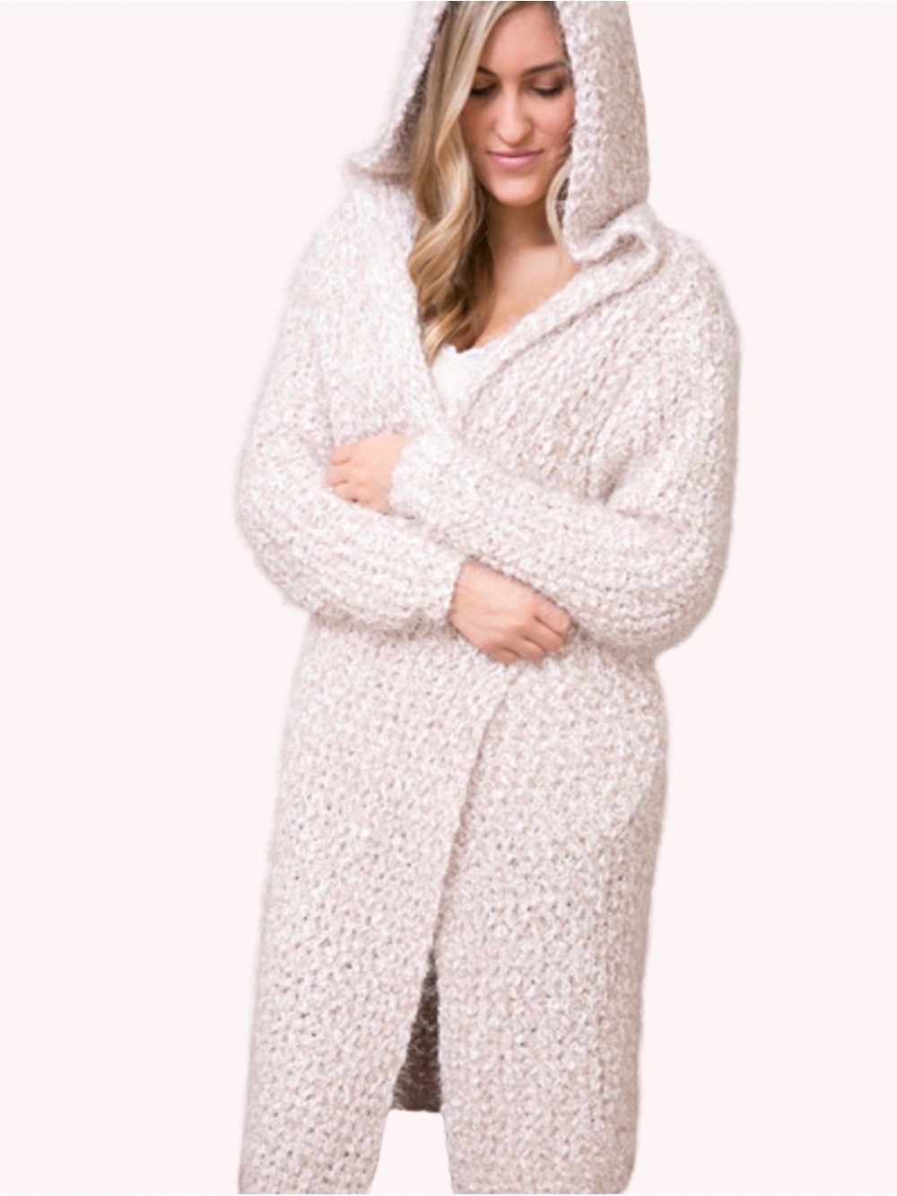 POL Clothing Carla Eyelash Knit Hooded Duster Cardigan Sweater Cozy Cream Beige